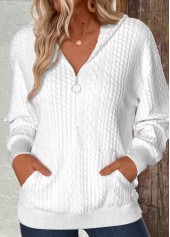Zipper White Long Sleeve V Neck Hoodie