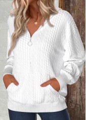 Zipper White Long Sleeve V Neck Hoodie