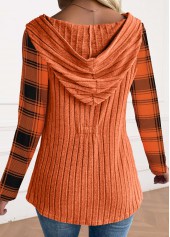 Plaid Button Orange Long Sleeve Hoodie