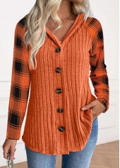 Plaid Button Orange Long Sleeve Hoodie