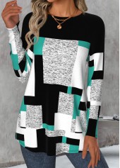 Geometric Print Patchwork Multi Color Long Sleeve T Shirt