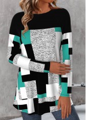 Geometric Print Patchwork Multi Color Long Sleeve T Shirt