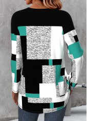 Geometric Print Patchwork Multi Color Long Sleeve T Shirt