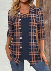 Plaid Navy 3/4 Sleeve Fake Two Piece Twinset