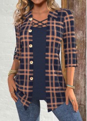 Plaid Navy 3/4 Sleeve Fake Two Piece Twinset