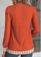 Striped Button Orange Long Sleeve V Neck Sweatshirt
