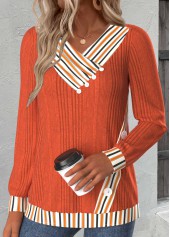 Striped Button Orange Long Sleeve V Neck Sweatshirt