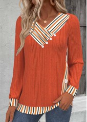 Striped Button Orange Long Sleeve V Neck Sweatshirt
