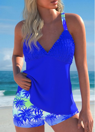 Plus Size Royal Blue Tropical Plants Print Tankini Set