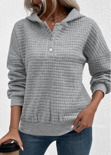 Grey Jacquard Snap Button Long Sleeve Hoodie