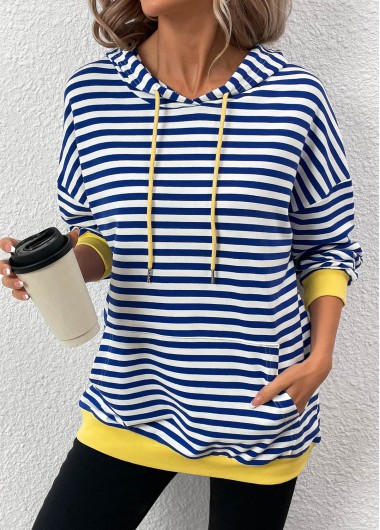 Striped Patchwork Blue Long Sleeve Hoodie