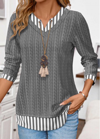 Striped Patchwork Grey Long Sleeve Fake Two Piece Twinset