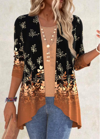 Black Plus Size Ruffle Leaf Print Light Cardigan