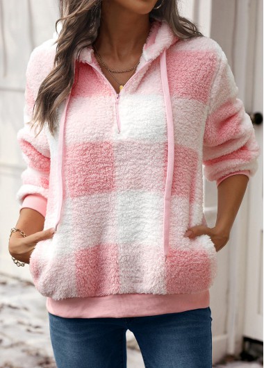 Plaid Drawstring Pink Long Sleeve Hoodie