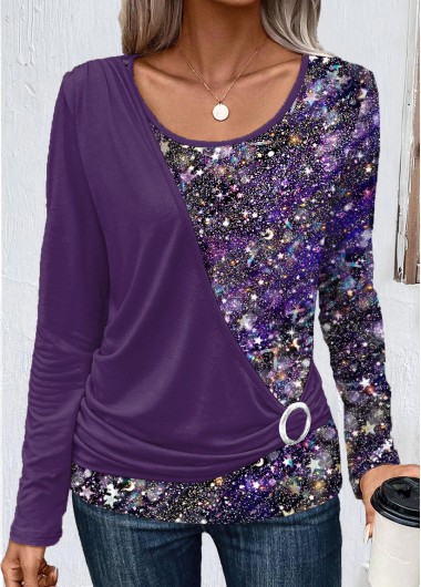 Patchwork Dark Purple Long Sleeve T Shirt