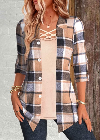 Plaid Multi Color 3/4 Sleeve Fake Two Piece Twinset