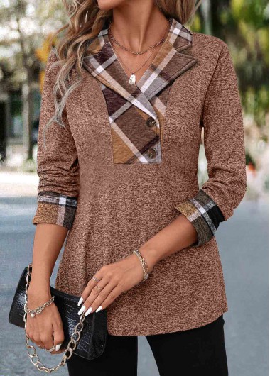 Plaid Patchwork Dark Coffee Long Sleeve Blouse Plaid Patchwork Dark Coffee Long Sleeve Blouse