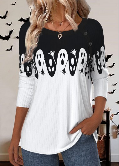 Halloween White Plus Size Button Long Sleeve T Shirt Halloween White Plus Size Button Long Sleeve T Shirt