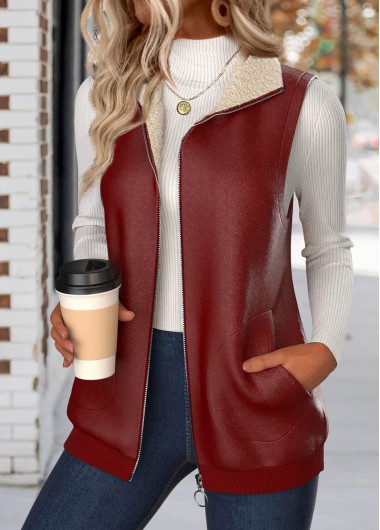 Patchwork Deep Red Sleeveless Stand Collar Waistcoat