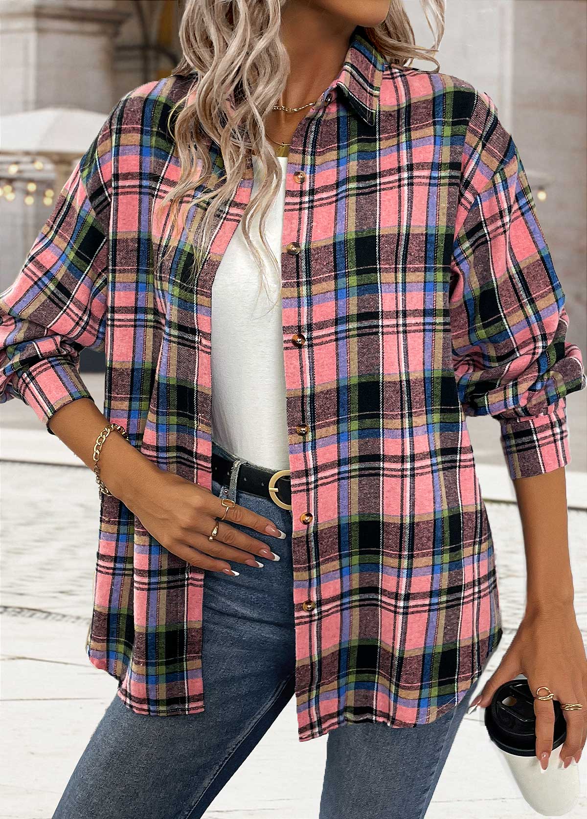 Plaid Button Tummy Coverage Pink Long Sleeve Shirt