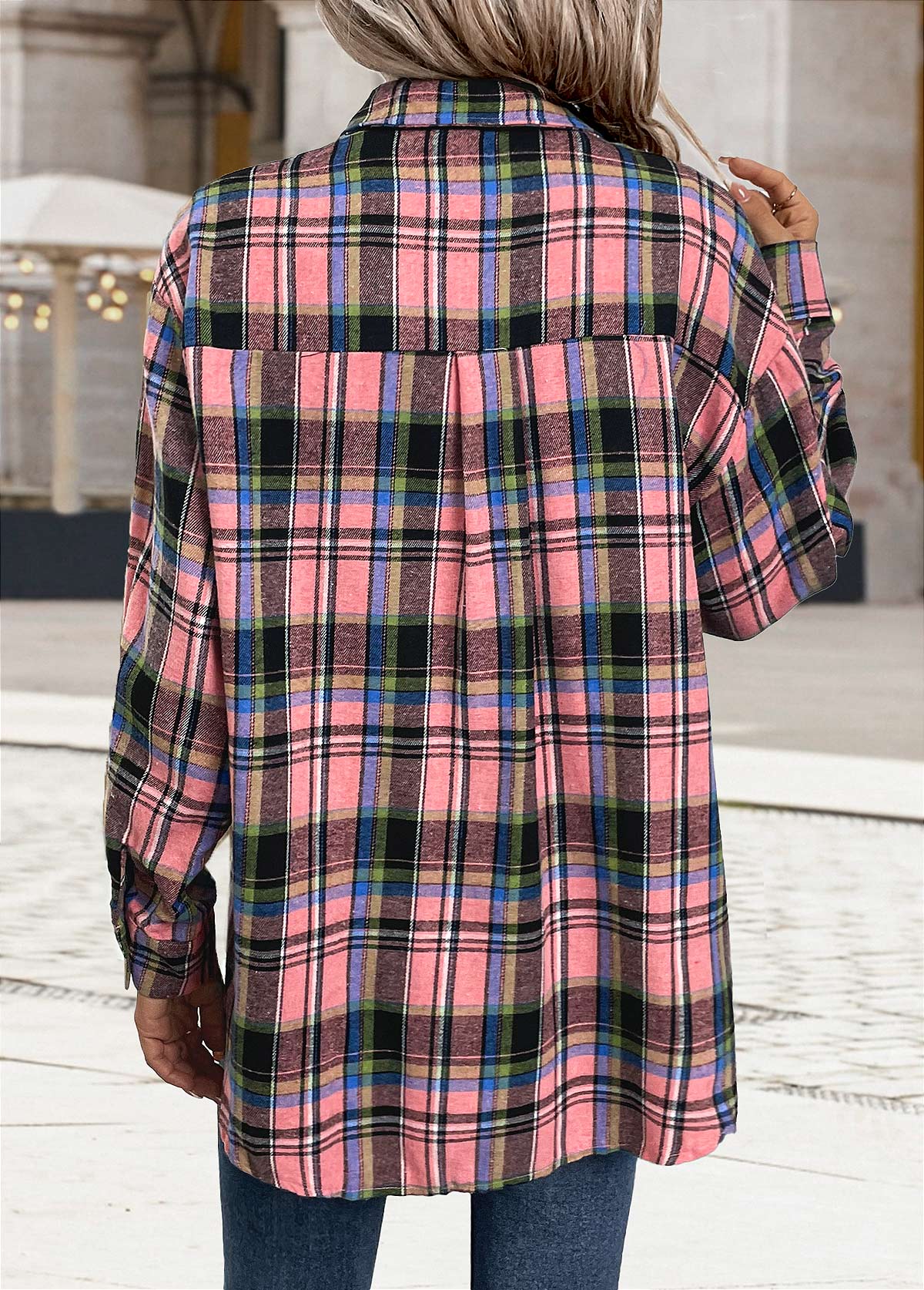Plaid Button Tummy Coverage Pink Long Sleeve Shirt