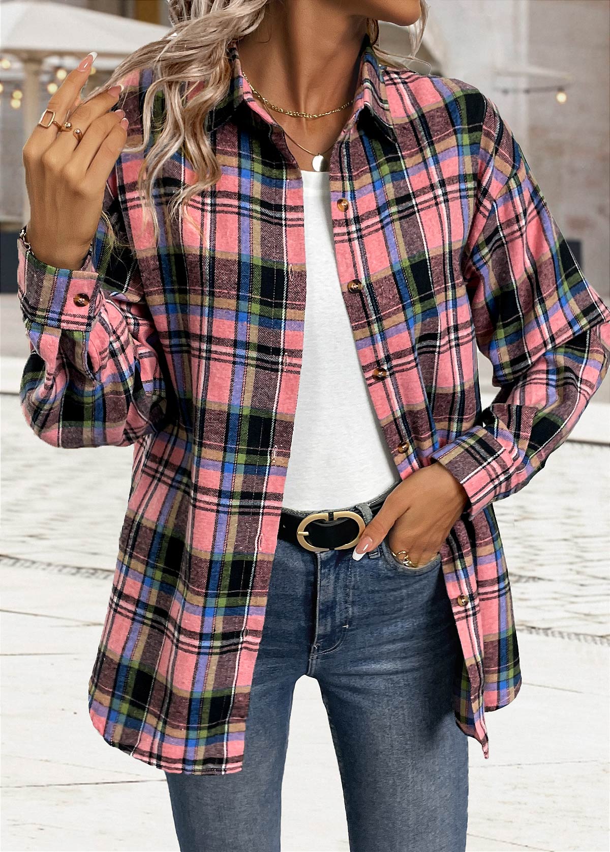 Plaid Button Tummy Coverage Pink Long Sleeve Shirt