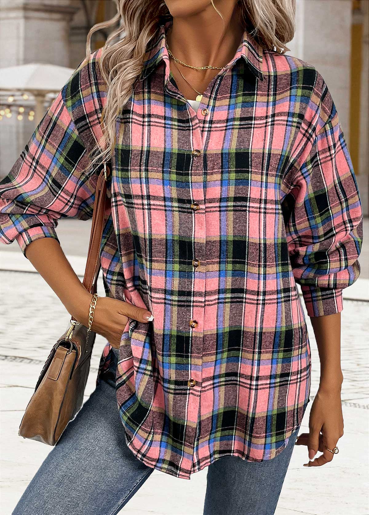 Plaid Button Tummy Coverage Pink Long Sleeve Shirt