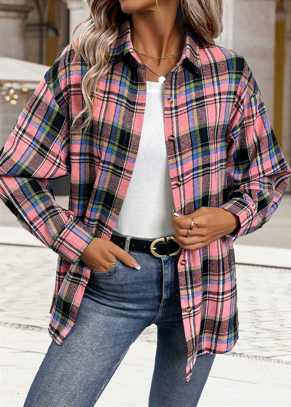 Plaid Button Tummy Coverage Pink Long Sleeve Shirt