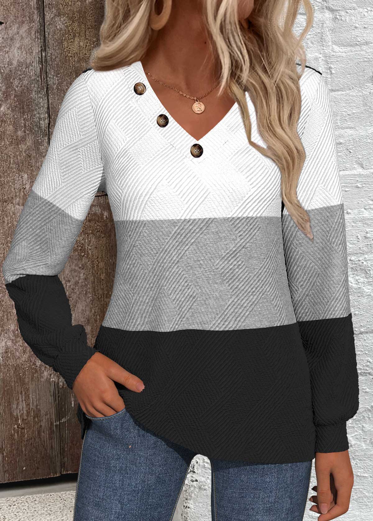 Patchwork Black Long Sleeve V Neck Sweatshirt