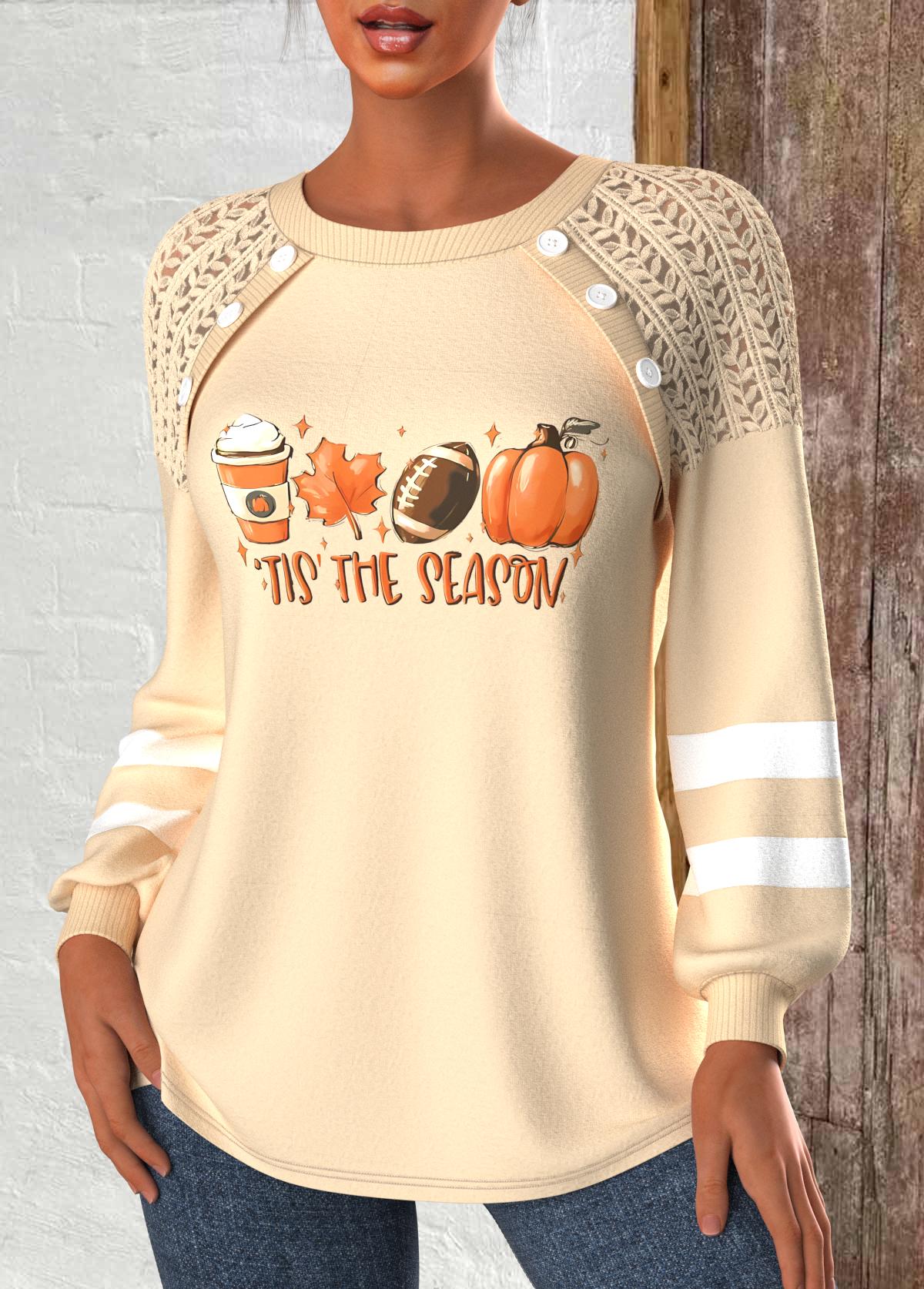 Halloween Patchwork Light Camel Long Sleeve Round Neck Sweatshirt