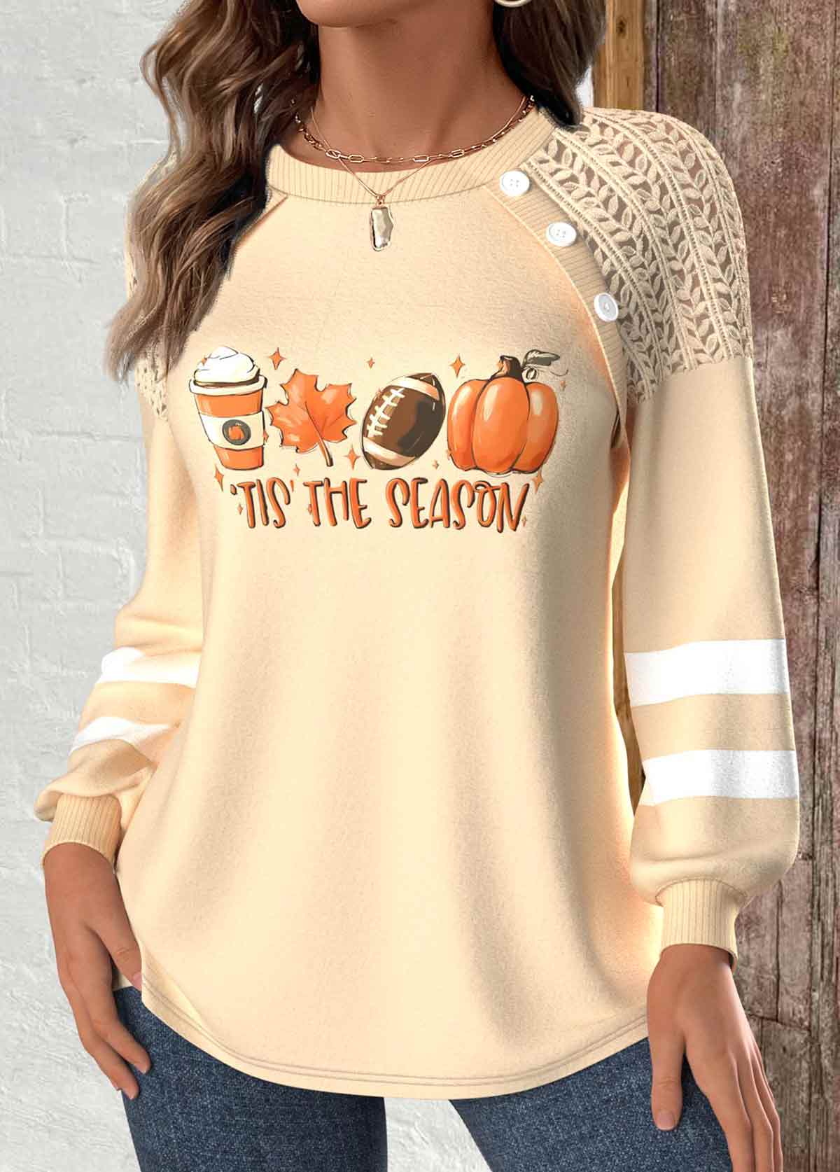 Halloween Patchwork Light Camel Long Sleeve Round Neck Sweatshirt
