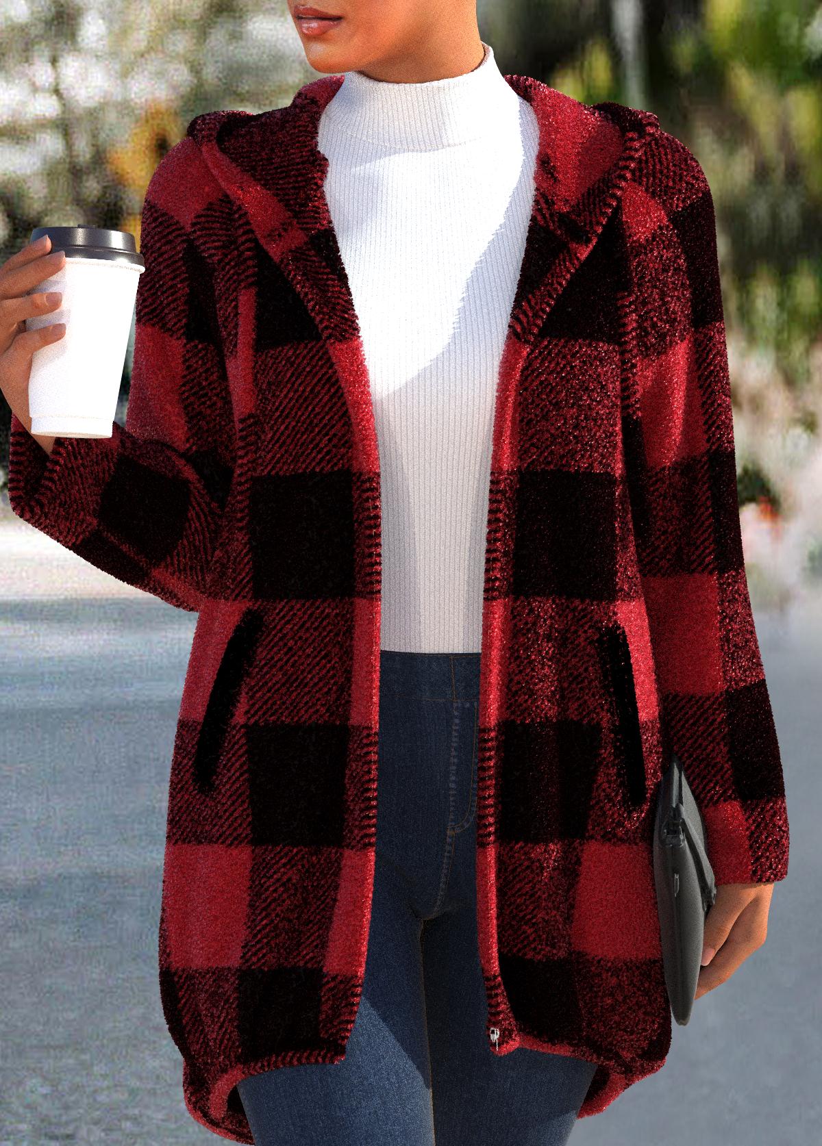 Plaid Red Long Sleeve Hooded Coat