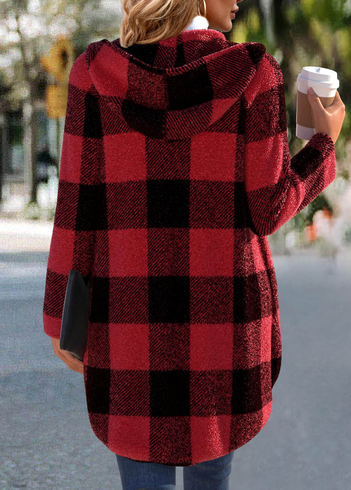 Plaid Red Long Sleeve Hooded Coat