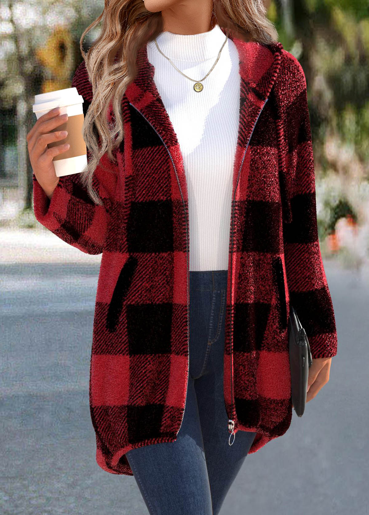 Plaid Red Long Sleeve Hooded Coat