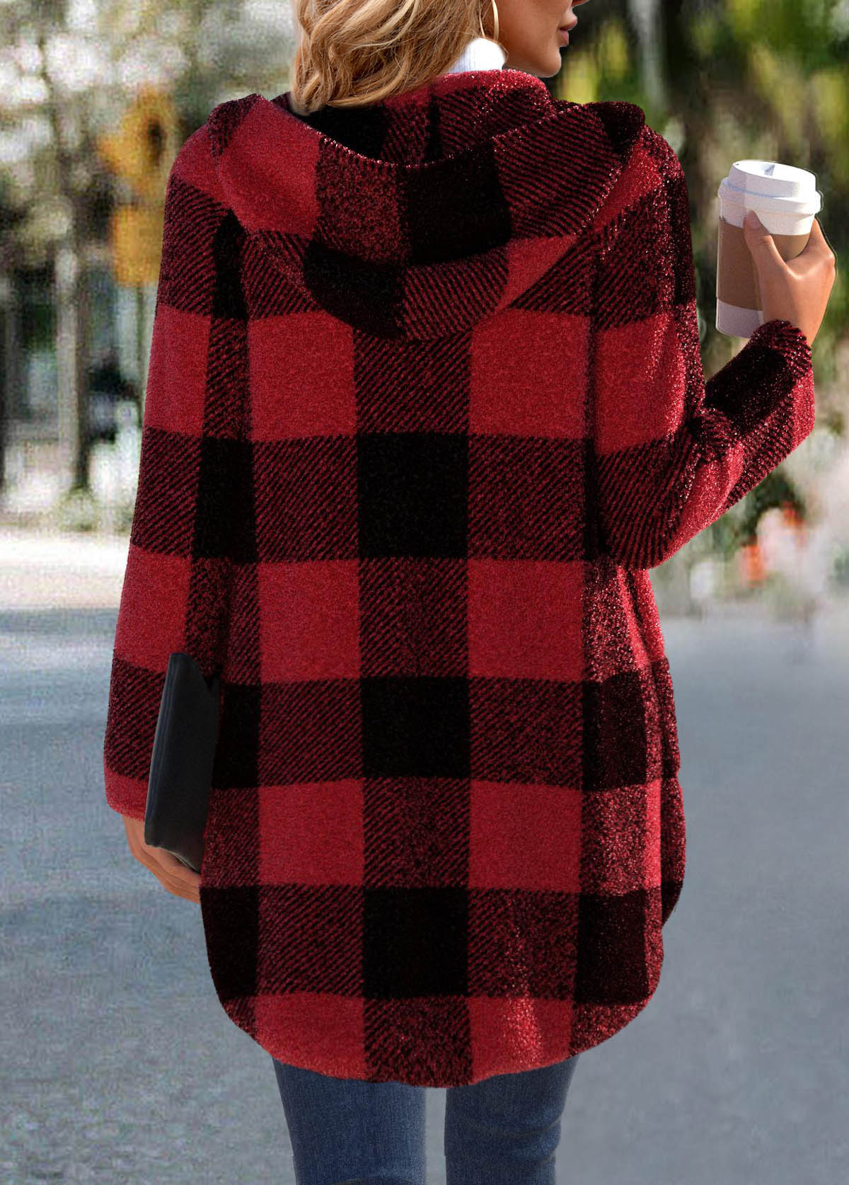 Plaid Red Long Sleeve Hooded Coat
