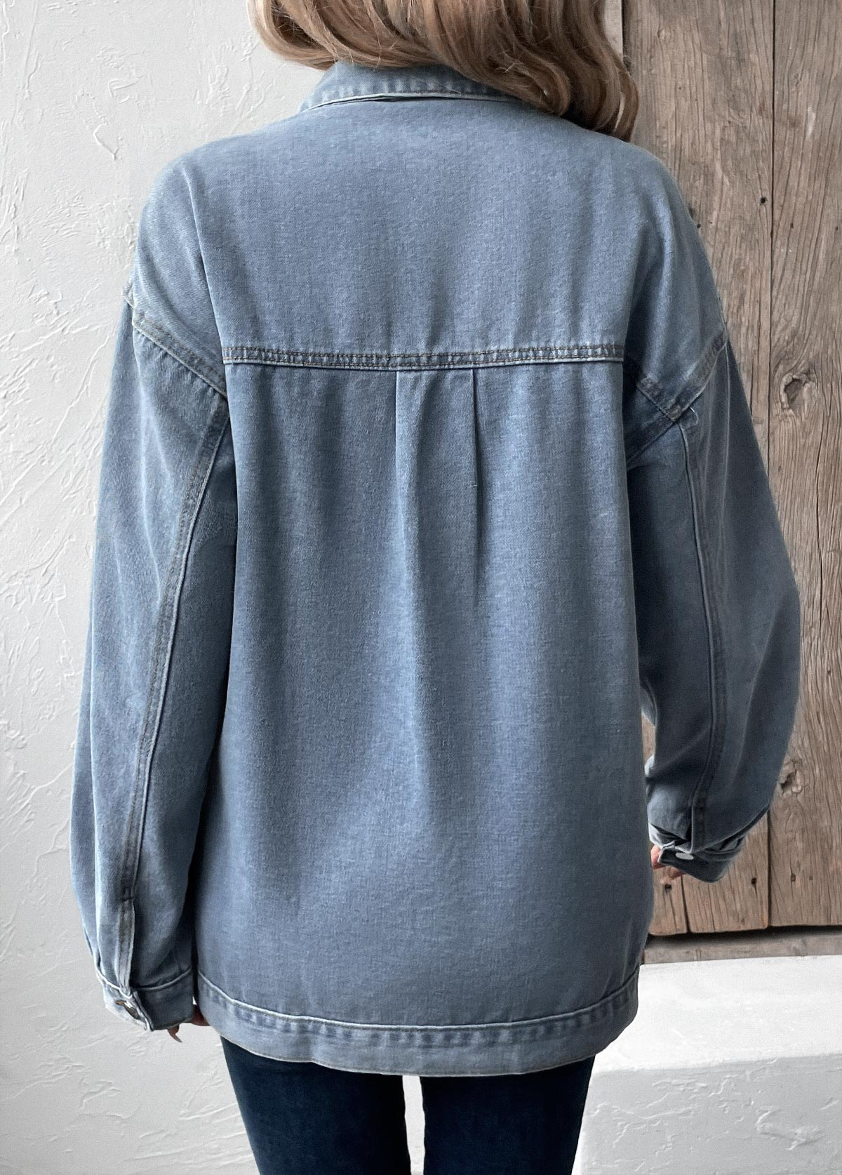 Button Denim Blue Long Sleeve Turn Down Collar Coat