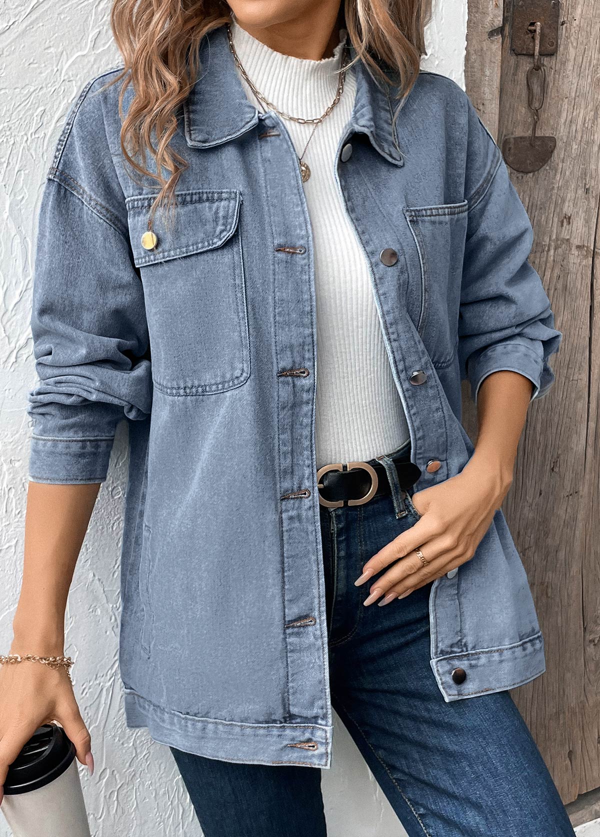 Button Denim Blue Long Sleeve Turn Down Collar Coat