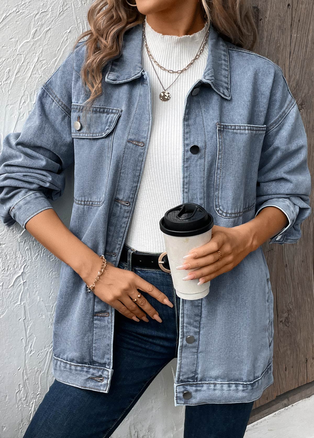 Button Denim Blue Long Sleeve Turn Down Collar Coat