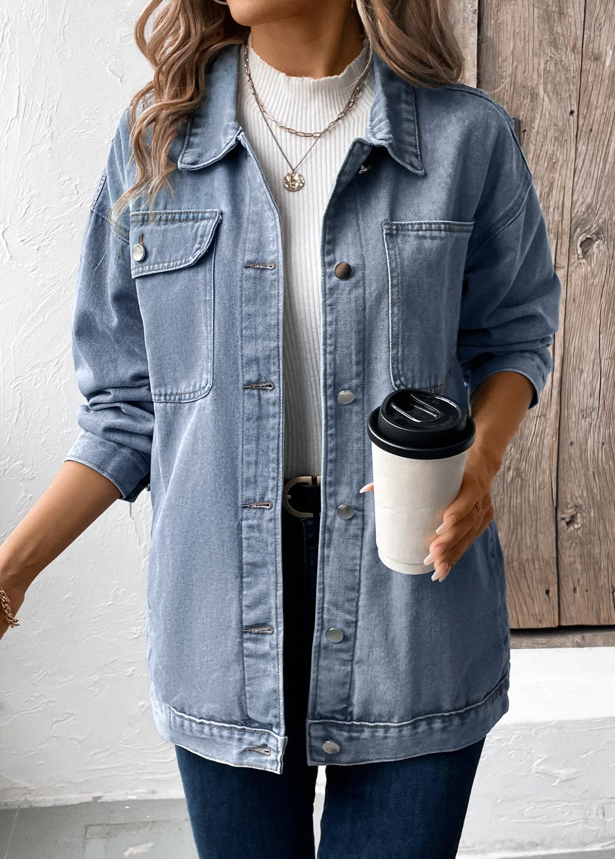 Button Denim Blue Long Sleeve Turn Down Collar Coat