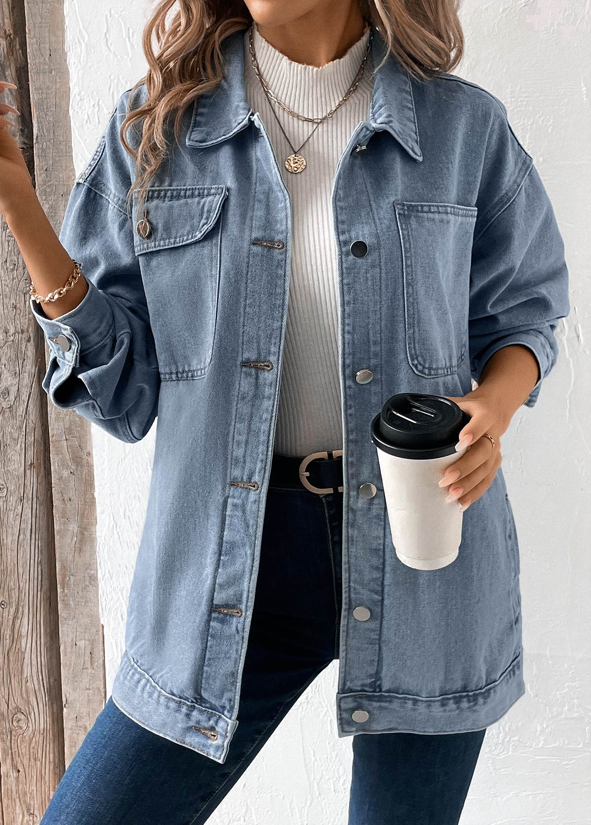 Button Denim Blue Long Sleeve Turn Down Collar Coat