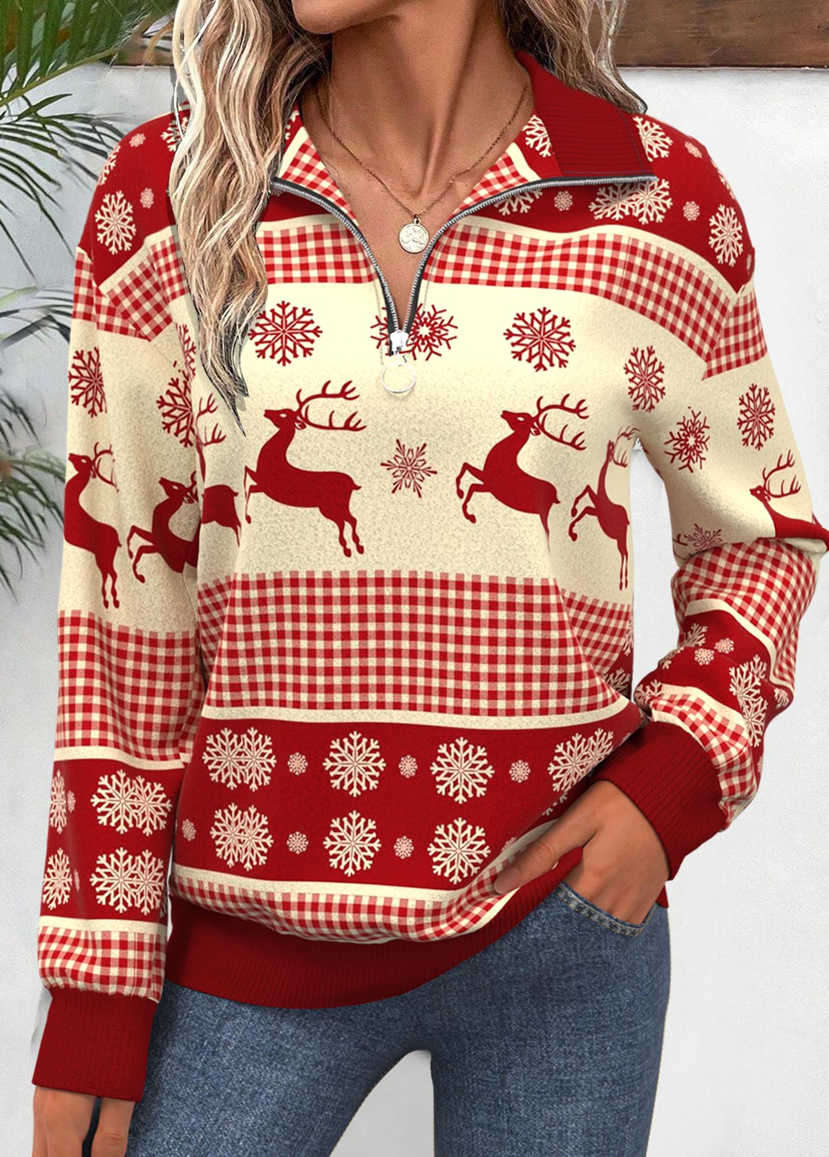 Christmas Zipper Wine Red Long Sleeve Sweatshirt