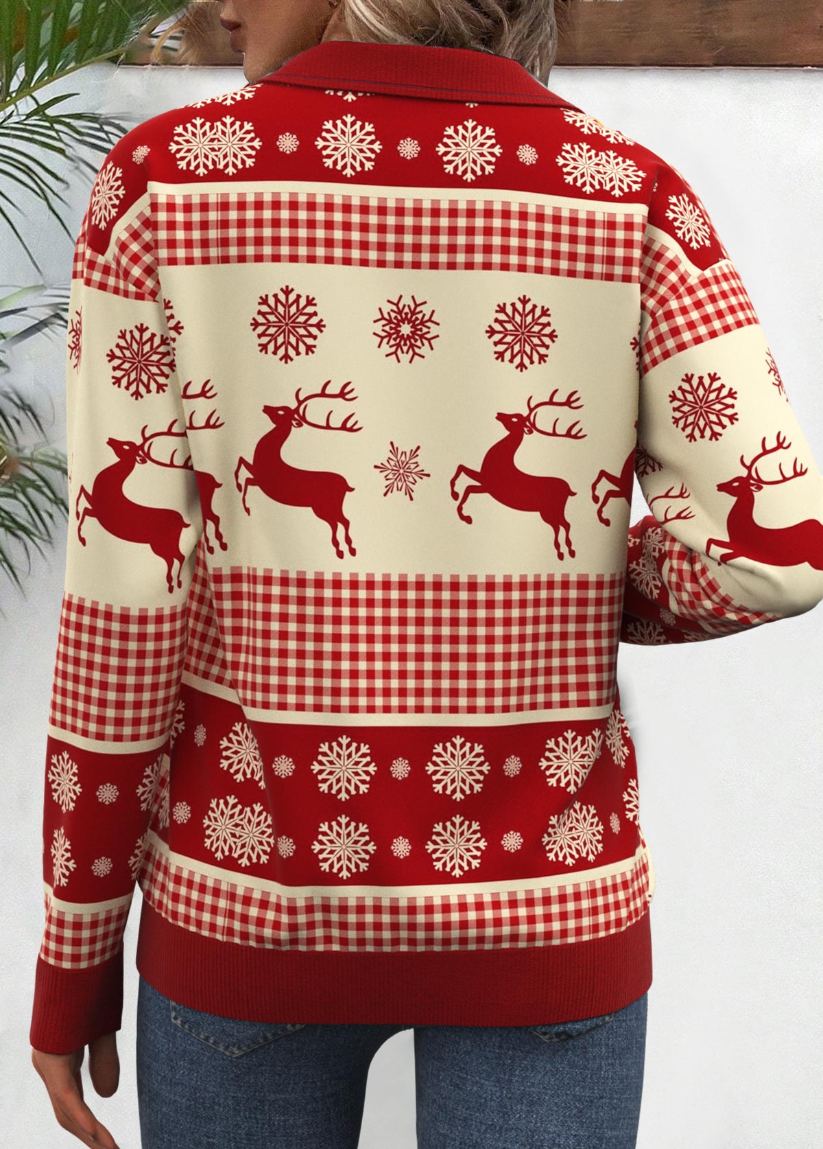 Christmas Zipper Wine Red Long Sleeve Sweatshirt