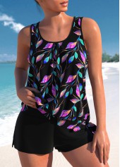 Plus Size High Waisted Black Leaf Print Tankini Set