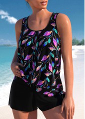 Plus Size High Waisted Black Leaf Print Tankini Set