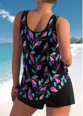 Plus Size High Waisted Black Leaf Print Tankini Set