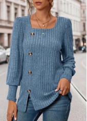 Blue Square Neck Long Sleeve Button T Shirt