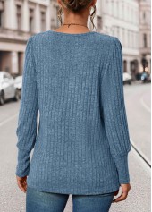 Blue Square Neck Long Sleeve Button T Shirt