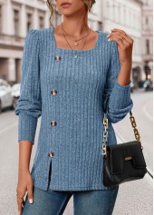 Blue Square Neck Long Sleeve Button T Shirt