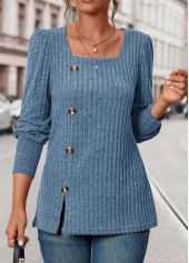 Blue Square Neck Long Sleeve Button T Shirt