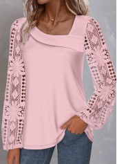 Lace Light Pink Long Sleeve Asymmetrical Neck Blouse